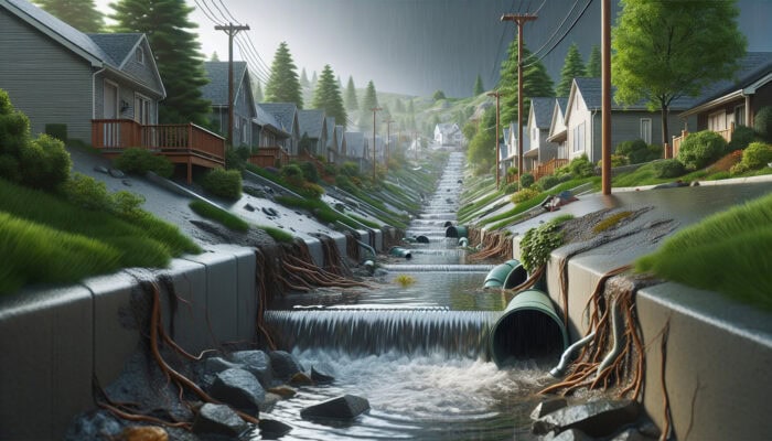 Suburban neighborhood in Hope showing drainage issues: overflowing gutters, pooling water, cracked pipes with tree roots.