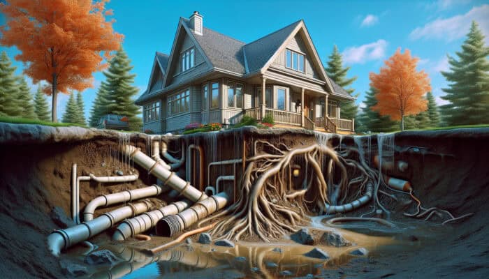 Canadian home with autumn backdrop showing clogged pipes, broken gutters, water pooling, and tree root infiltration.