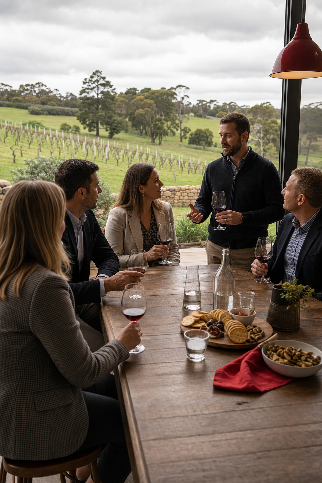 Macedon Ranges boutique wine tour with a corporate group during a cellar door tasting.