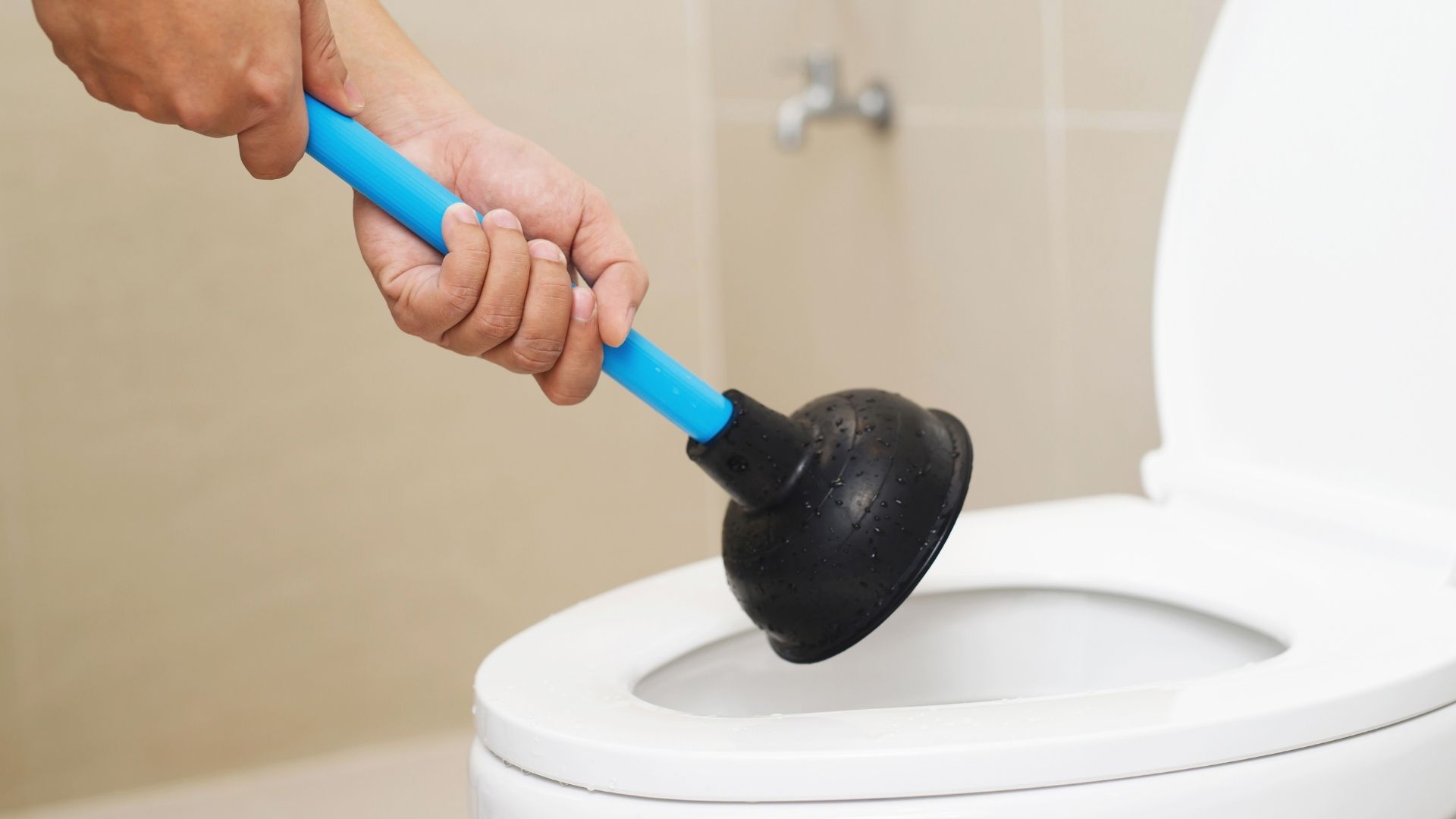 Plunger being used to clear a blocked toilet